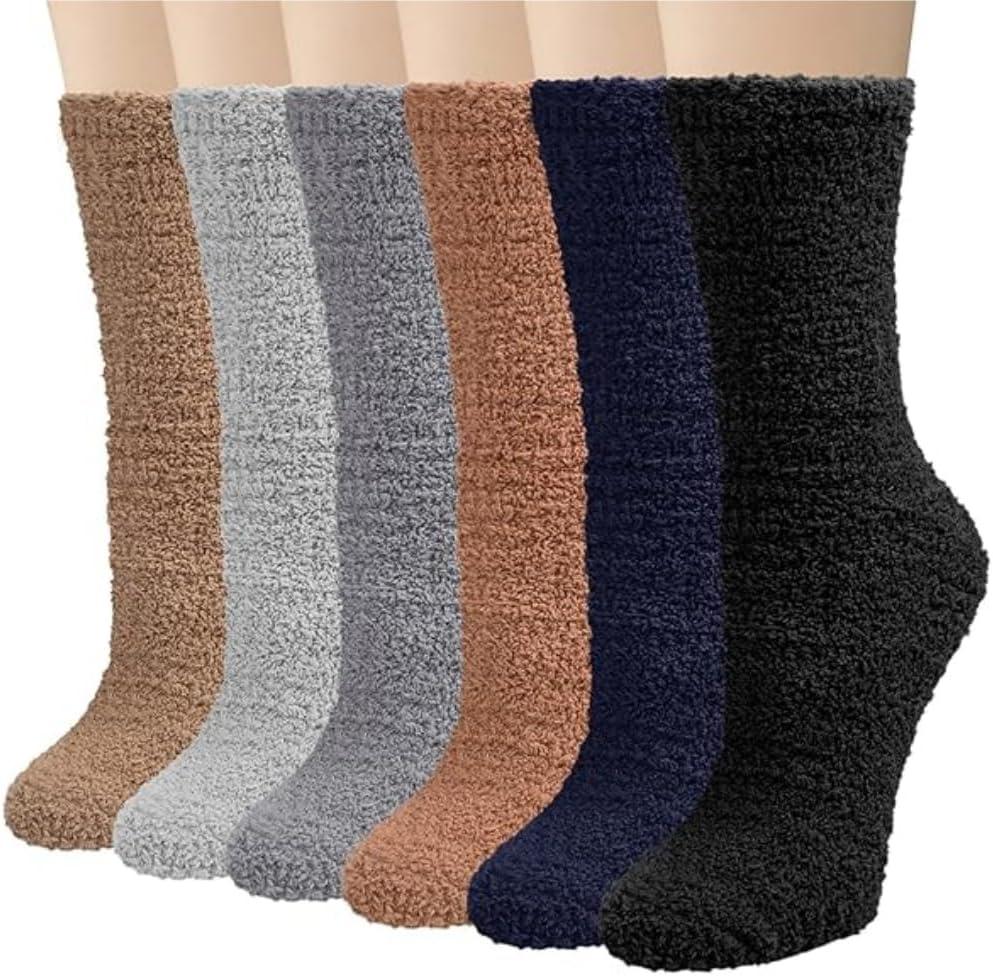 6 Pairs Womens Fuzzy Socks Winter Warm Soft Cozy Fluffy Microfiber House Sleeping Slipper Socks Christmas Gifts (Multicolor 05)