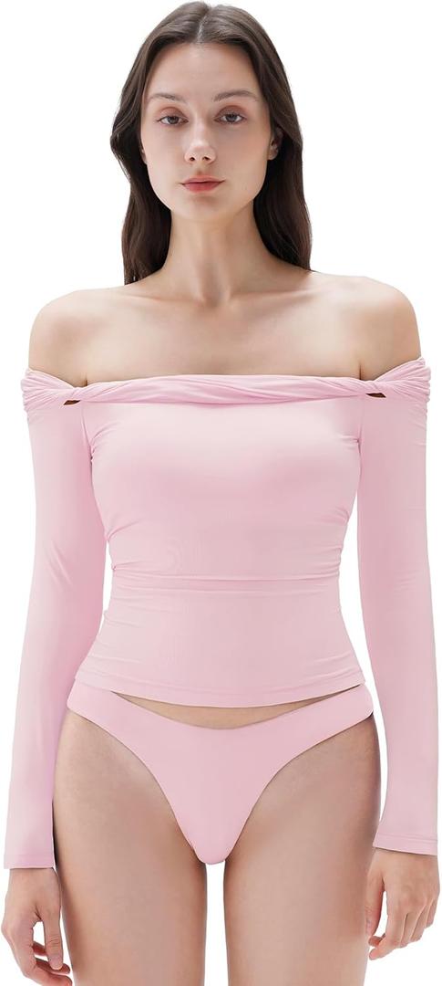 SUUKSESS Women Padded Off The Shoulder Tops Double Lined Going Out Fitted Basic Fall Shirts (Pink, M)