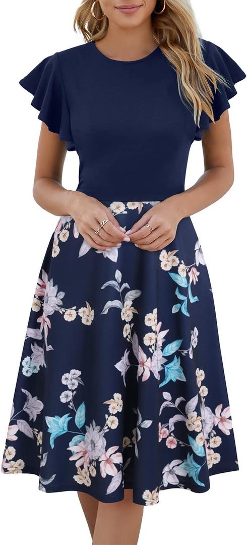 HELYO Women's Semi-Formal Ruffle Sleeves V-Back Work Fit and Flare Cocktail Knee Length Dress with Pockets 842 (X-Large, Blue Floral)