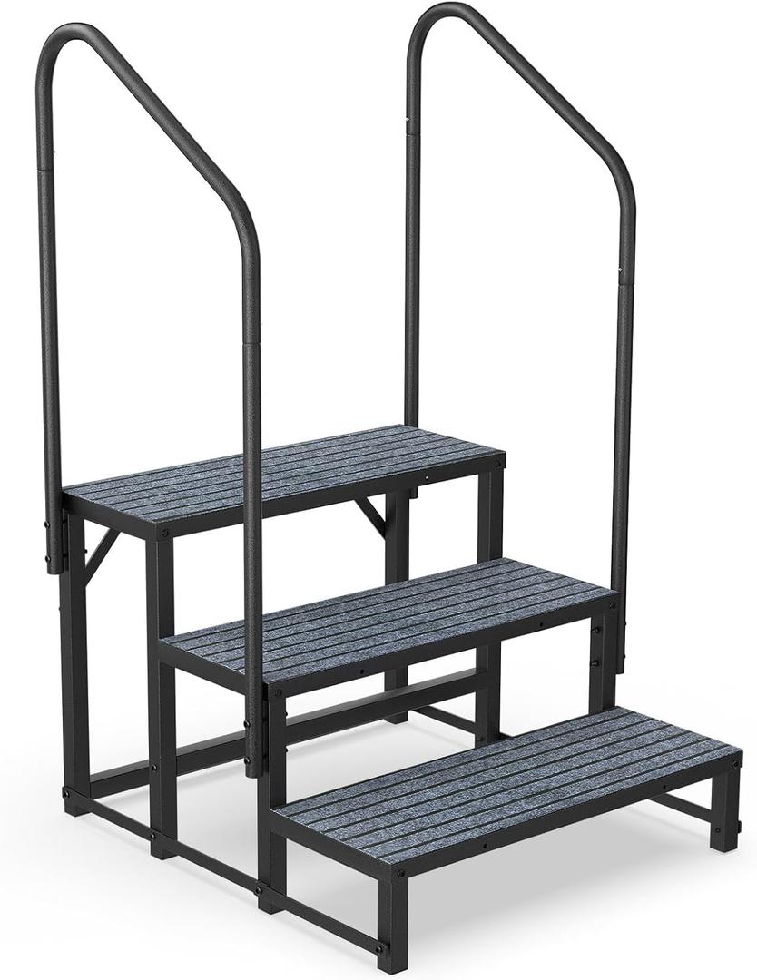 RV Steps with Handrail, Hot Tub Steps, Upgraded 3 Tier Heavy Duty Steel Mobile Home Steps, Spa Steps Outdoor Stairs for 5th Wheel RV Camper Trailer Porch with Non-Slip Mats (3-step)