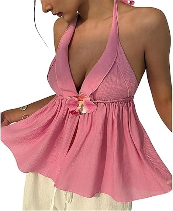 HOXIJIA Women 3D Flower Halter Top Sexy Deep V Neck Solid Color Ruffled Hem Backless Tank Top Summer Beach Flowy Camisole, Pink Large