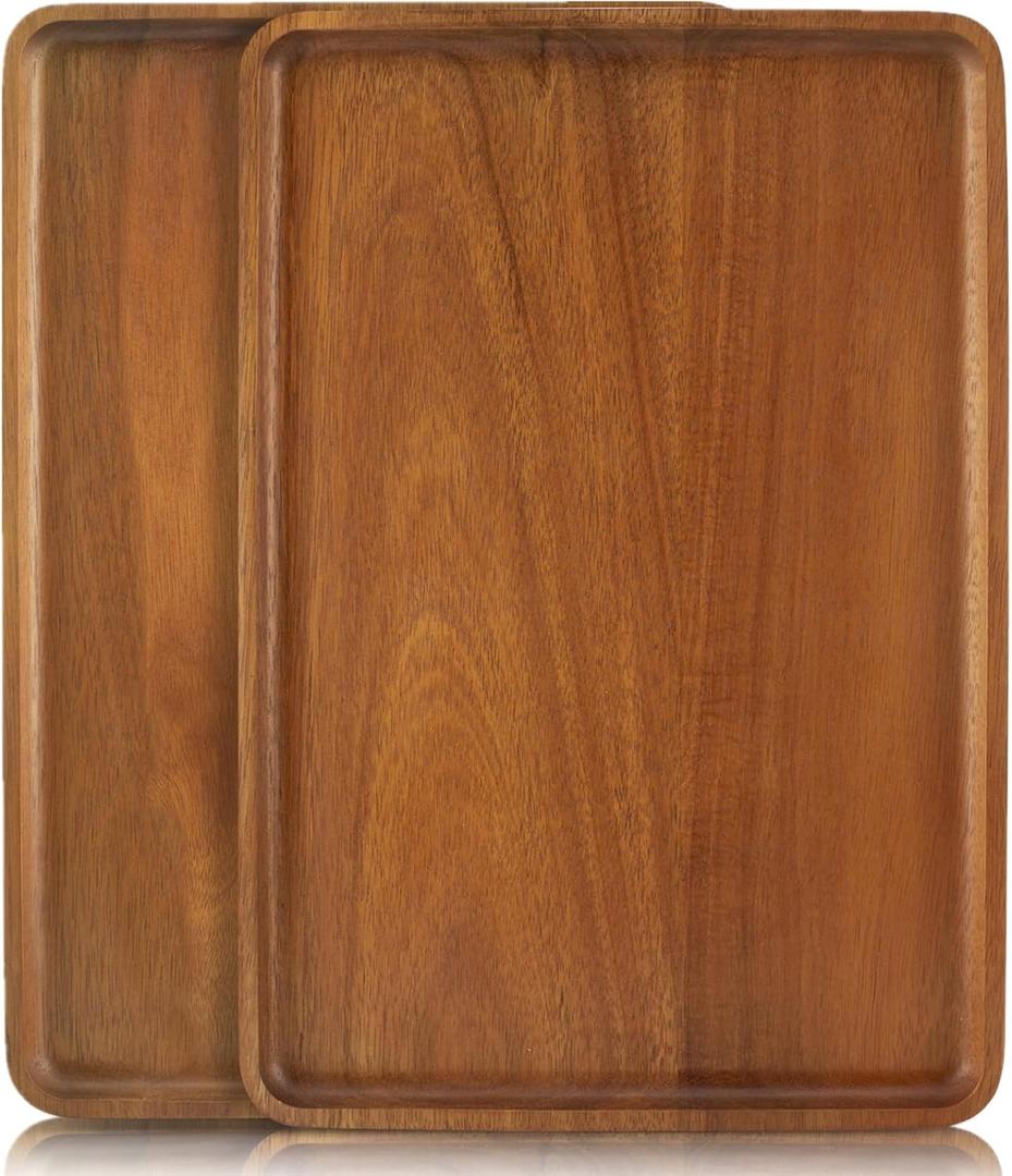 2 PCS Solid Acacia Wood Serving Trays 16 * 12 inch Rectangular Wooden Serving Platters Natural Wooden Boards for Bar Coffee Party (Brown)