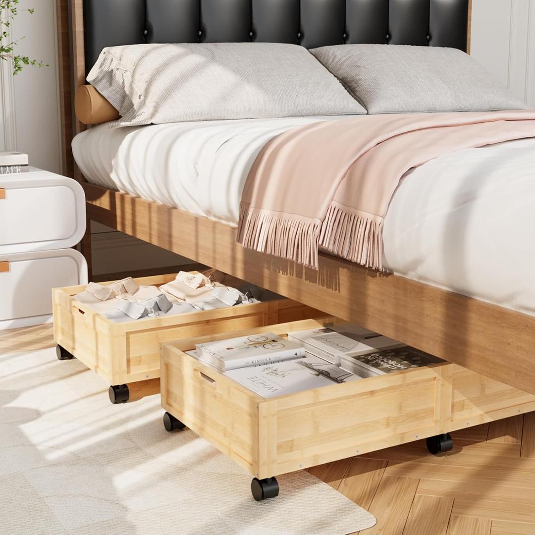 Wood Under Bed Storage Containers Underbed Organizer with Wheels with Large Capacity Dust Bag,Sturdy Wood Rolling Under Bed Shoe Storage Organizer 2 Packs (Walnut, Tall) (Nature, Large)