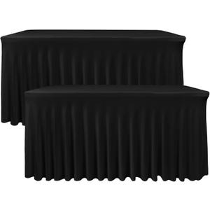 Nasitos Black Table Skirt for 8 Foot Rectangle Tables, 2 Pack - 96 x 30 Inch - Stretch Spandex Fitted Table Clothes, Fabric Table Covers Cocktail Tablecloths for Party, Banquet, Birthday