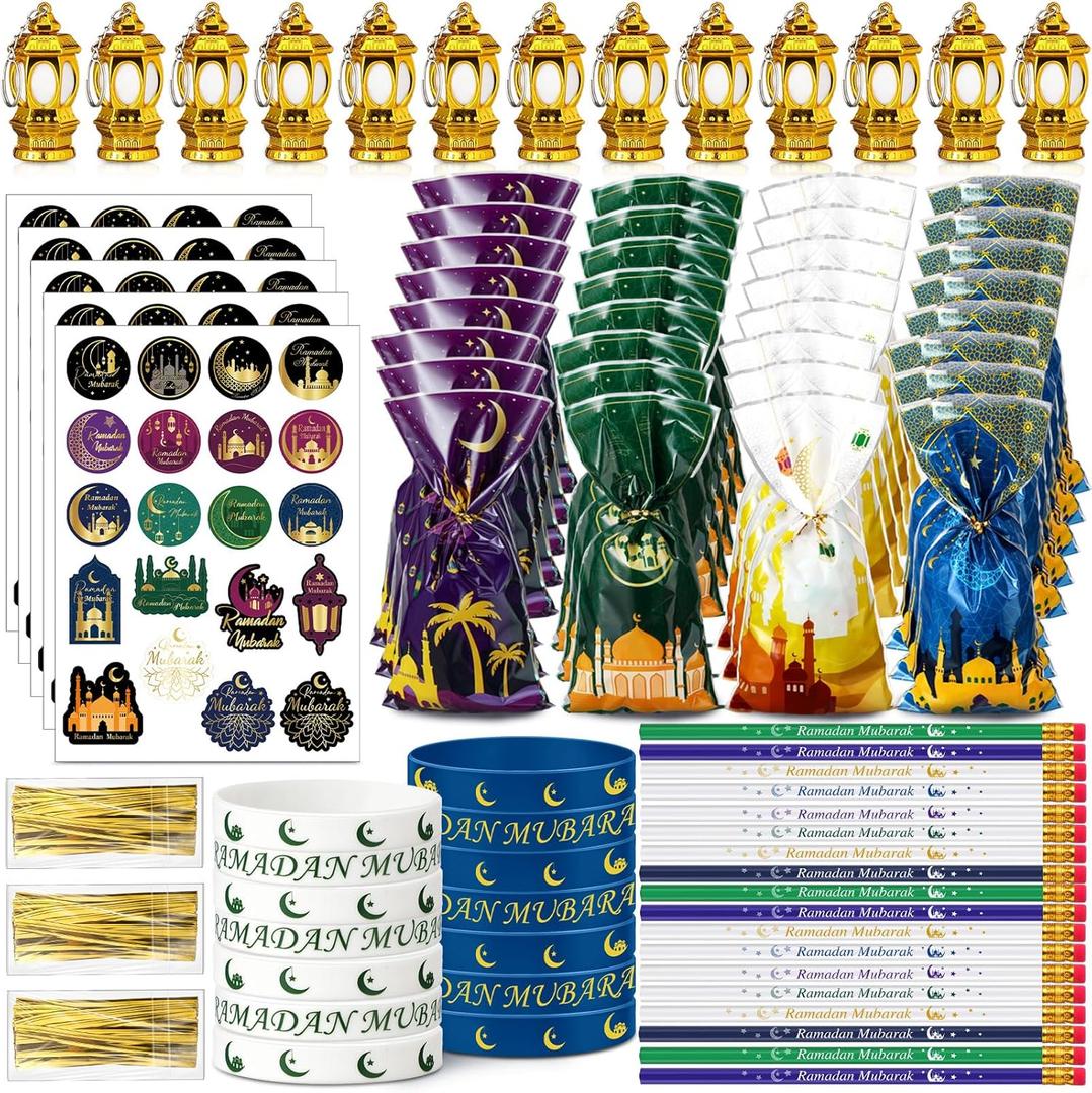 Ramadan Mubarak Gifts for Kids Includes Ramadan Pencils Silicone Wristbands Islamic Stickers Cellophane Gift Bag Mini Lanterns for Mubarak Party Favor Decor
