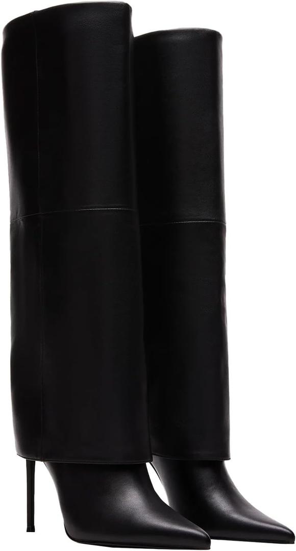 Femflame Fold Over Knee High Boots - Wide Calf, Pointed Toe Stiletto Heel, Tall Boots (8, Black)
