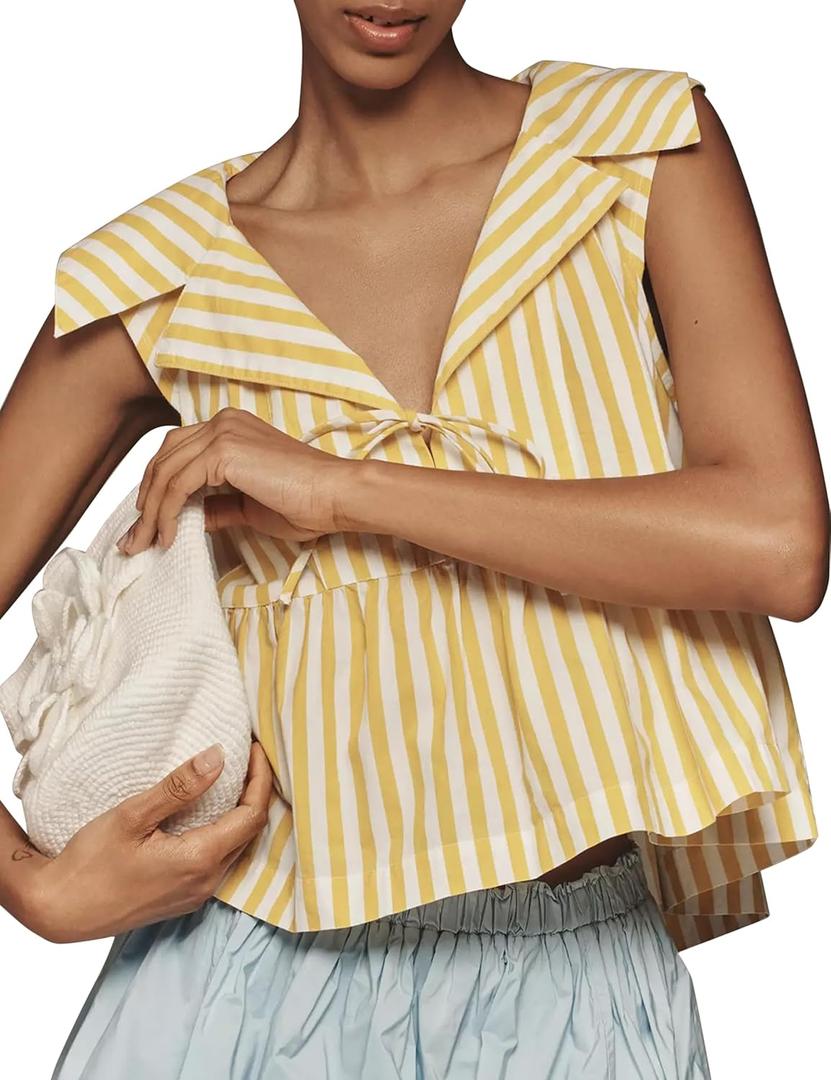 Summer Babydoll Blouse Shirts for Women Casual Sleeveless V Neck Blouse Tank Tops Y2k Going Out Tops (Medium, Yellow White)