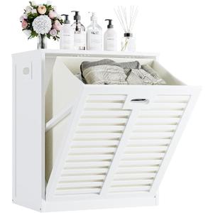 HITNET Tilt Out Laundry Hamper Cabinet, Bathroom Laundry Cabinet with 20 Gallon Clothes Basket, Space Saving Freestanding Bamboo Storage Organizer for Towels and Toys, White, 21.26" L 13.78" W 25.2" H