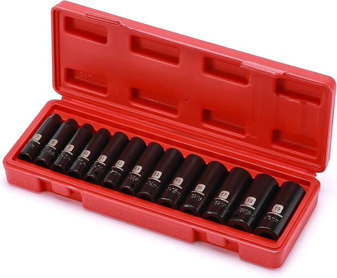 MIXPOWER 13 Pieces 3/8-Inch Drive Deep Impact Socket Set, 7mm to 19mm, CR-V, Metric, 6 Point, Deep, 13 Pieces 3/8" Dr. Socket