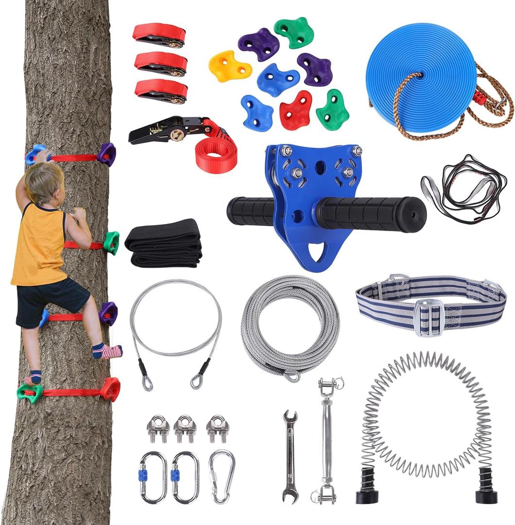 200 FT Zipline for Backyard Kids and Adults, Adjustable Zip Line Kit for Adult Outdoor 390 LBS Removable Non-Slip Trolley Play Playground Entertainment