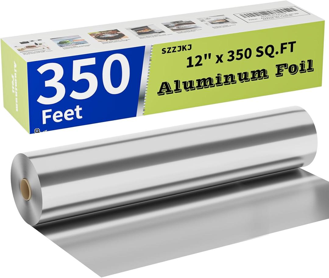 Aluminum Foil Roll, 12in x 350ft Aluminum Foil, Thick Strong Tin Foil with Cutter, Food Safe Cling Wrap for Cooking, Baking, Roasting, Grilling, Freezer Storage