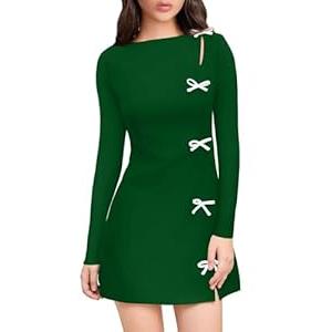 XXTAXN Women's Fall Long Sleeves Boat Neck Elegant Bow Y2k A Line Mini Dress Green