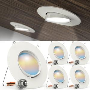 Sunco 4 Pack LED Can Lights Eyeball Retrofit Gimbal 5/6 Inch Recessed Lights 12W=60W, 5 Colors 2700K/3000K/3500K/4000K/5000K, 800 LM, Directional Angled Trim Adjustable Ceiling Downlight UL. (5 CCT in One (2700K, 3000K, 3500K, 4000K, 5000K))