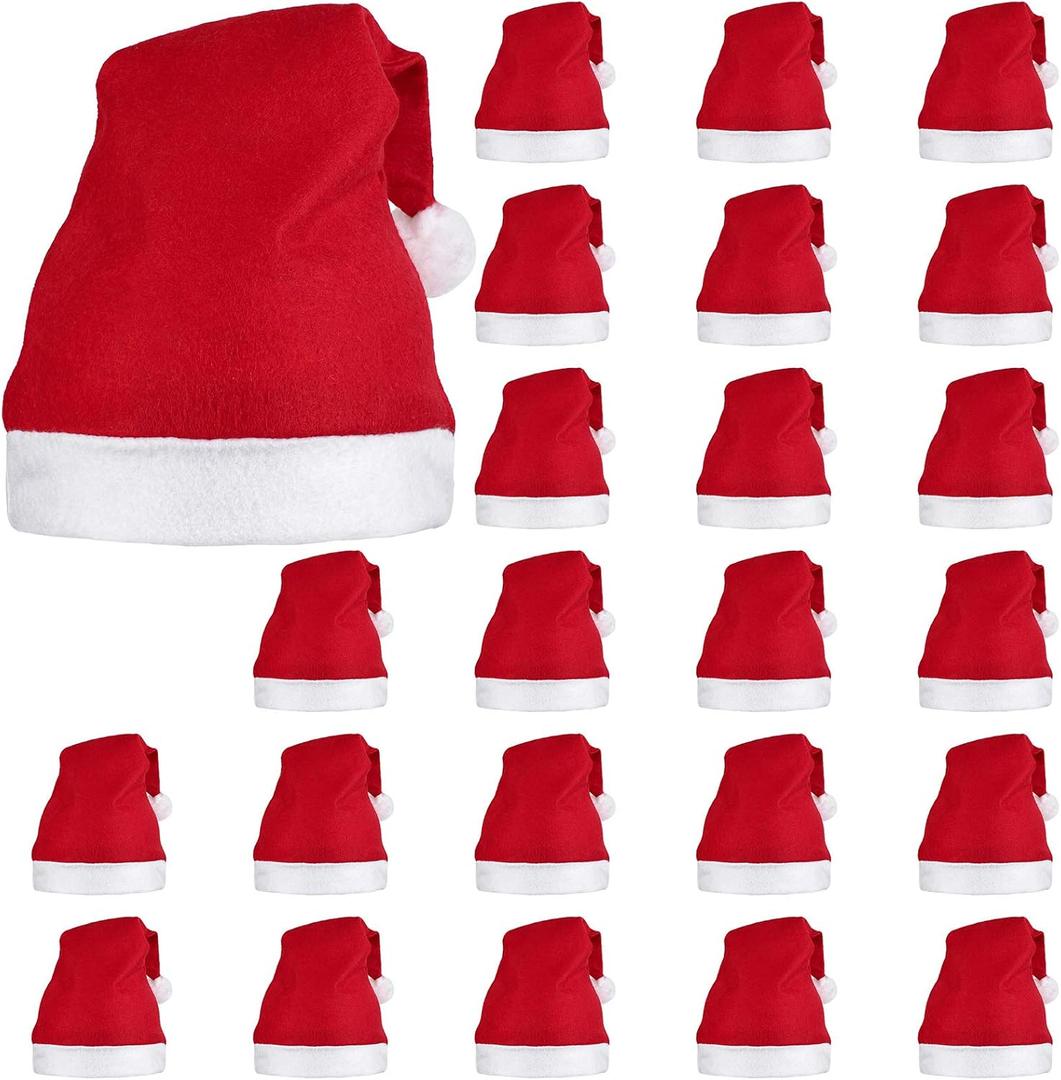 Elcoho 24 Pack Santa Red Hat Short Plush with White Cuffs Non-woven Fabric Christmas Hat