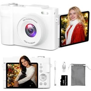 4K Digital Camera for Photography, Small Vlogging Camera with Flip Screen for YouTube, 50MP 16X Zoom, Portable Travel Cameras with 32GB SD Card for Beginners(White)