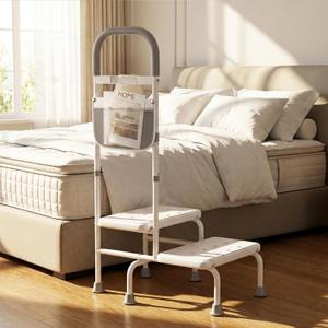 2 Step Stool with Handle for Elderly Heavy Duty Bed Steps for High Beds for Adults Two Step Stools for Seniors with Adjustable Handrail Non-Skid Platform LED Light Foot Stool for Kitchen Room (White)