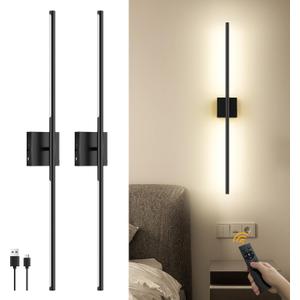Modern Wall Sconce Set of 2, Battery Operated, Rechargeable Wall Light with Remote Control, 3000K-6500K Adjustable, 35" Dimmable LED Linear Picture Light for Living Room, Bedroom, Black