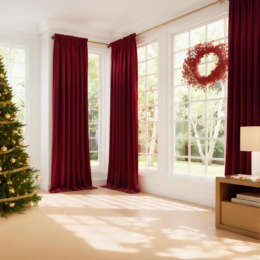 NICETOWN Extra Long Red Blackout Christmas Velvet Curtains 120 inches Long, Super Soft Light & Heat Blocking Sliding Glass Door Romantic Drapes for Window/Dance Room (52" Wide), 2 Panels