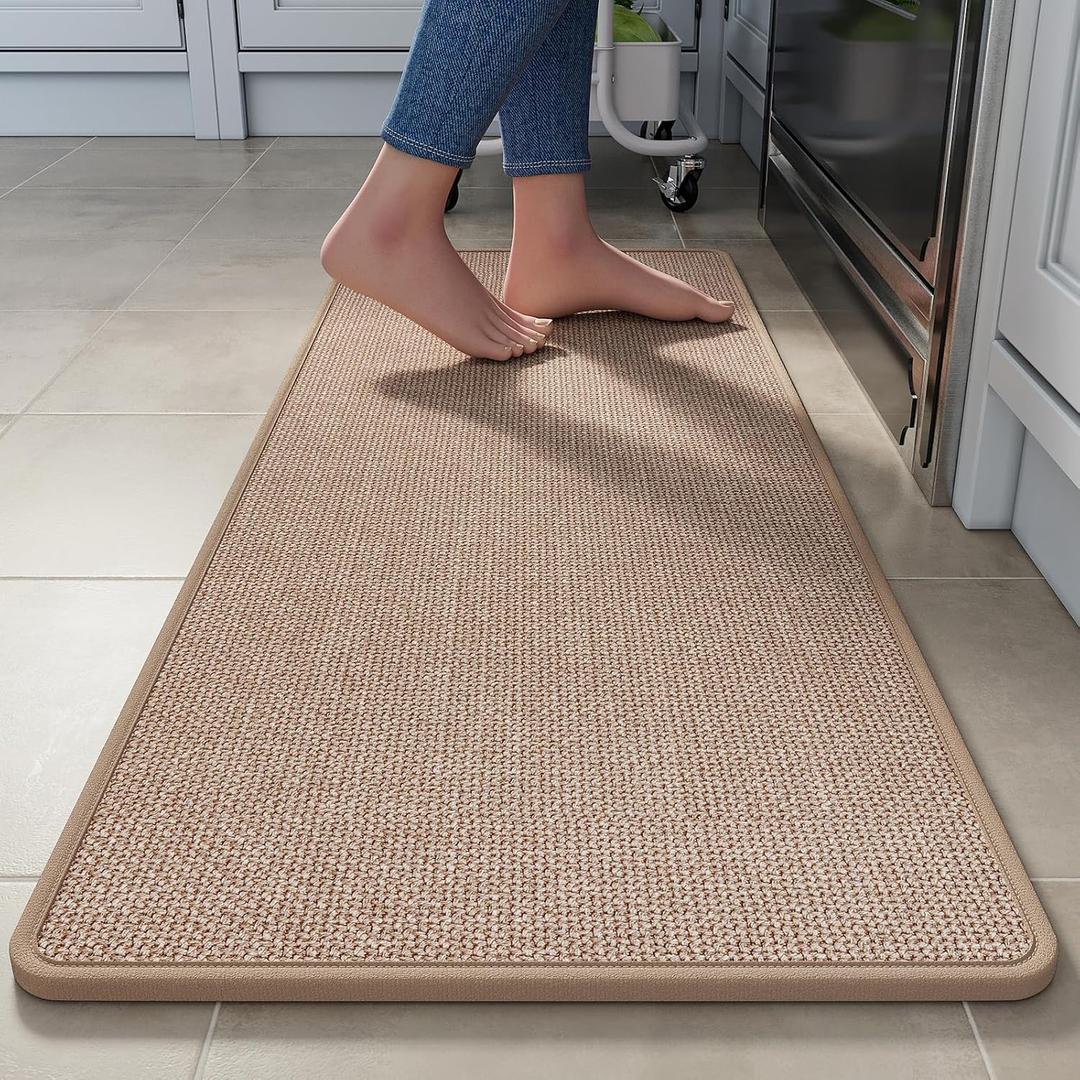 YDKGL Kitchen Rugs Mat Non Slip Washable, Linen-Look 0.3" Thick Soft Cushioned Absorbent Kitchen Mats for Floor, Mild Anti-Fatigue Runner Rug Sink Mat Laundry Standing Mats, Easy Clean, Brown 17"x47"