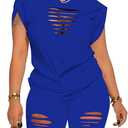 PINSV Women 2 Piece Outfits Summer Sweatsuits Biker Short Workout Jogger Sets (Medium, Blue Cut Out)