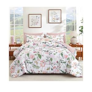 Anibedding 7Pieces Floral Queen Size Comforter Set, Garden Plant Style Bed in a Bag Pink Flower Bedding Comforter Set with Pillow Case for Bedroom
