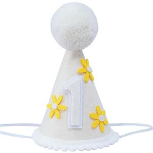 First Birthday Party Hat with Yellow Daisies, White Cone with Pom Pom, 1st Birthday Celebration