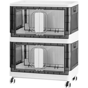 Folding Storage Organizer with Silent casters | Stackable Design for Home & Office, Heavy-Duty Plastic Storage Bin with Clear Door, 3 Sizes (19.5/23.5/27.5in),Black/White (19.7" 2 layer, White)