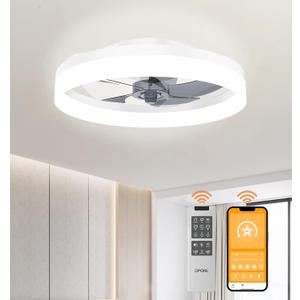 19.7" White Ceiling Fan with Light and Remote, Dimmable, 3000k-6000k 6CCT, 6 Winds Speeds, Flush Mount, Low Profile, Bladeless Ceiling Fan for Bedroom