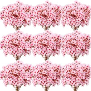 Tigeen 50 Pcs Artificial Cherry Blossom Flower Spring Decor Silk Cherry Blossom Branches 15.7 Inch Peach Fake Floral Branches Bundles Faux Flower Stems for Vase Home Wedding Table Centerpiece (Pink)
