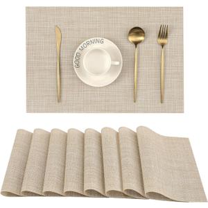 Leetaltree Beige Placemats Set of 8 - Heat Resistant Non-Slip Place mats for Dining Table, Washable Durable PVC Vinyl Woven Table Mats Beige
