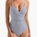 SUUKSESS Women Sexy Wrap Push Up One Piece Swimsuit Tummy Control Bathing Suit,  Medium, White Black Striped 