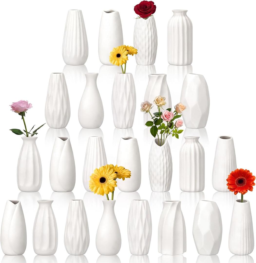 Yaomiao Set of 24 5'' White Ceramic Bud Vase Bulk Boho Rustic Small Flower Vase for Wedding Centerpieces Home Dining Table Decoration DIY Gift, 12 Styles 