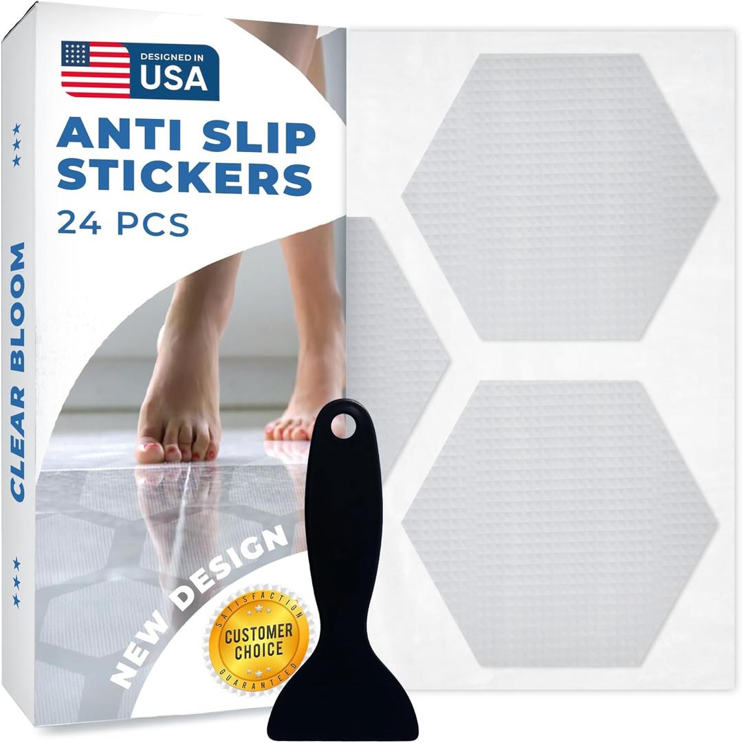 Anti-Slip Shower Stickers for Tub & Shower Floor  Original Clear Hex Non-Slip Bathtub Stickers, 24 Pack 3.25, Micro-Pyramid Grip, Scraper Included, Easy Apply
