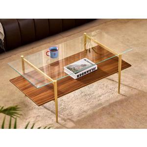 Shrine Rectangle Coffee Table, Mid-Century Modern Design, 2-Tier Structure, Clear Glass Top and Walnut MDF Shelf, 41" D x 21" W x 17" H, Sleek Conical Metal Legs with Gold Finish