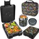 Pawtong Bento Lunch Box Set With 10oz Soup Thermo, Leak-proof Lunch Containers with 4 Compartment, Kids Hot Thermo Food Jar/Insulation Lunch Bag, Food Containers for School (Black-Games)