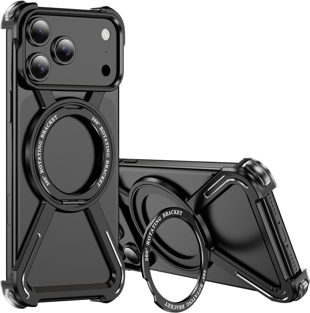 Metal Case for iPhone 17 Pro Max Case Frameless Military Grade Drop Protection [Compatible with MagSafe] with 360 Spin Ring Stand Slim Shockproof Cover for iPhone 17 Pro Max Black TJ