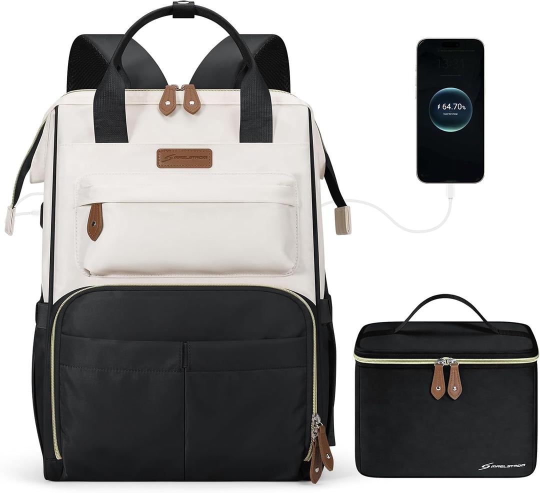 Maelstrom Travel Backpack for Women Men,Laptop Backpack Fits 15.6-17.3 Inch Laptop, Nurse/Work Bag with Insulated Lunch Box (Black-beige), Standard