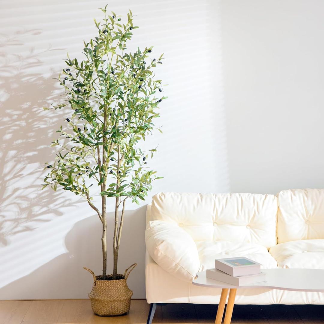 Giegxin Artificial Olive Tree, Tall Faux Olive Silk Plant and Handmade Seagrass Basket Indoor Fake Potted Tree with Natural Trunk Lifelike Fruits for Home Office Decor(6 ft)