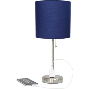 Simple Designs LT2024-NAV Brushed Steel Stick Table Desk Lamp with Charging Outlet and Drum Fabric Shade, Navy Blue Shade