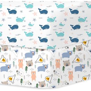 Little Grape Land Crib Sheets Baby Toddler Sheets 2 Pack Fitted for Boys Girls, Standard Size 28x52 Crib Mattress, Super Soft Breathable Washable Microfiber (Whale/Little Bear)