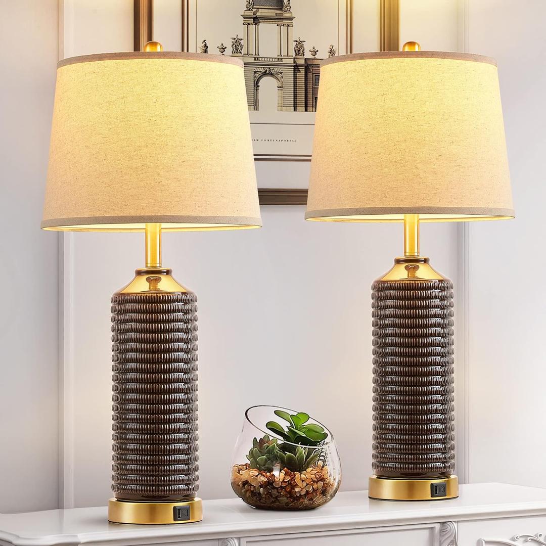 Farmhouse Table Lamps for Bedrooms Set of 2, 28" Ceramic Table Lamp for Living Room with Brown Finish, 3-Way Dimmable Touch Control Nightstand Lamp with Linen Drum Shade (Bulbs Included)