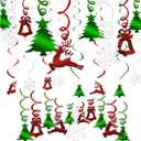 Christmas Party Decorations Foil Hanging Ceiling Swirls (30Pcs Fully-Assembled) Reindeer Bell Christmas Tree Snowflake Swirls for Porch Home House Bar, Christmas Holiday Supplies Decorations