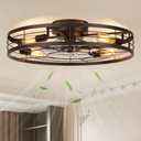 VOLISUN 27.6'' Caged Ceiling Fan with Light and Remote,Rustic Low Profile Ceiling Fan with Light Flush Mount, Farmhouse Bladeless Fandelier Ceiling Fans with Lights for Kitchen,Bedroom-Black