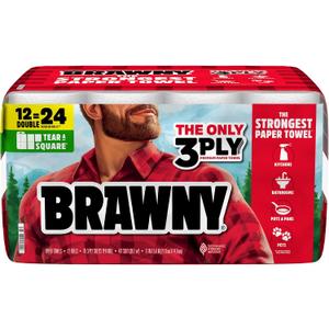 Brawny Tear-A-Square 3-Ply Paper Towels, 12 Double Rolls = 24 Regular Rolls, Strong, Absorbent, and Durable with 3 Sheet Sizes