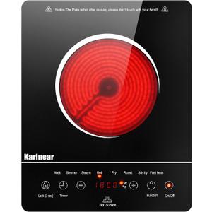 Karinear Portable Electric Cooktop, Electric Stove Single Burner Ceramic Cooktop with Touch Control, Child Safety Lock, Timer, Residual Heat Indicator, Overheat Protection, 1800W 110V Infrared Burner