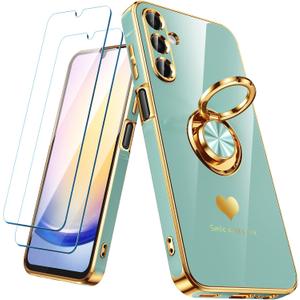 for Samsung Galaxy A25 5G Case with 2 Pack Screen Protector, 360 Rotatable Ring Holder [Luxury Hearts Pattern] Plating Gold Edge Slim Soft Phone Cover Case for Galaxy A25 - Mint
