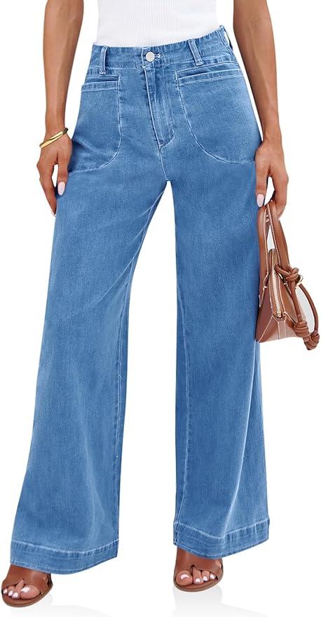 Cicy Bell Womens Wide Leg Jeans High Waisted Stretchy Baggy Loose Denim Casual Pants with Pockets, Size: 8