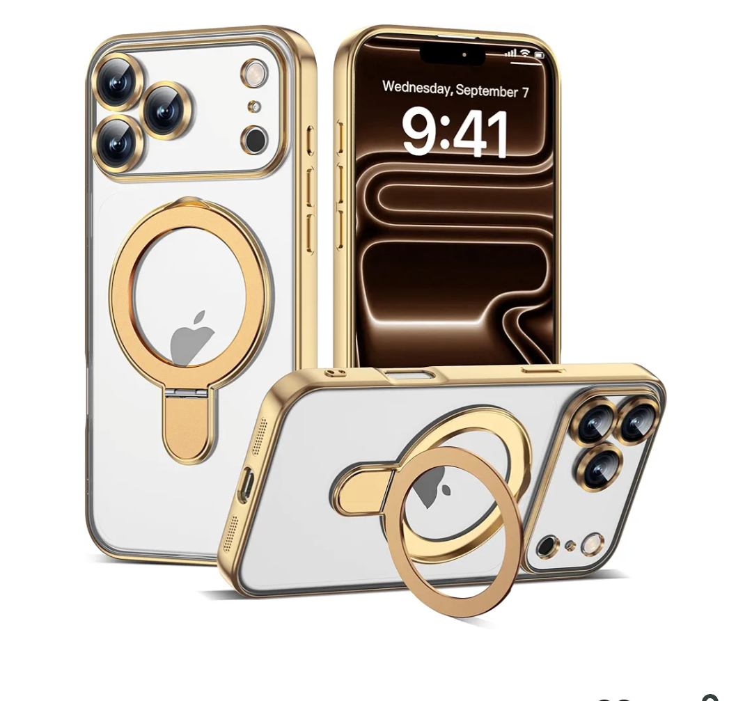 LXK Magnetic Invisible Stand for iPhone 17 Pro Max Case 6.9" Compatible with MagSafe, MilitaryGrade Protection, with Camera Protector, Clear ScratchResistant Back Cover for 17 ProMax, Gold