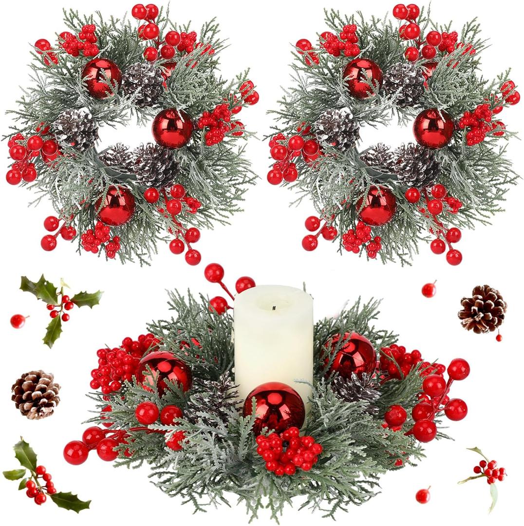 Suncalla 2 Pcs 12 Inch Christmas Candle Ring Wreath for 3 Inch Pillar Candles Artificial Candle Rings with Red Berries Ornaments Pine Cones and Greenery for Christmas Decorations Table Centerpiece