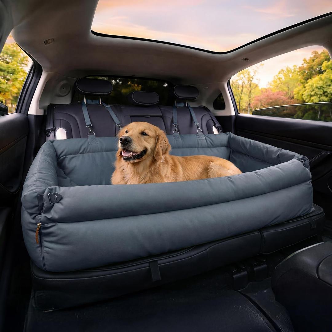 FUNNYFUZZY Large Dog Car Seat for Medium Large Sized Dogs Up to 65 lbs, Waterproof and Washable Leather Dog Booster Seat Car Bed for Travel and Home,Portable and Safety Pet Cars Seat (Slate Blue)